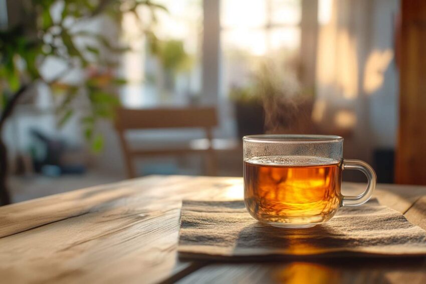 une tasse d'infusion de cbd sur une table