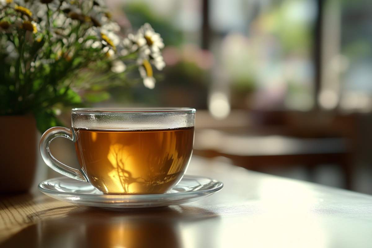 une tasse d'infusion de cbd sur une tablea avec des fleurs en fond